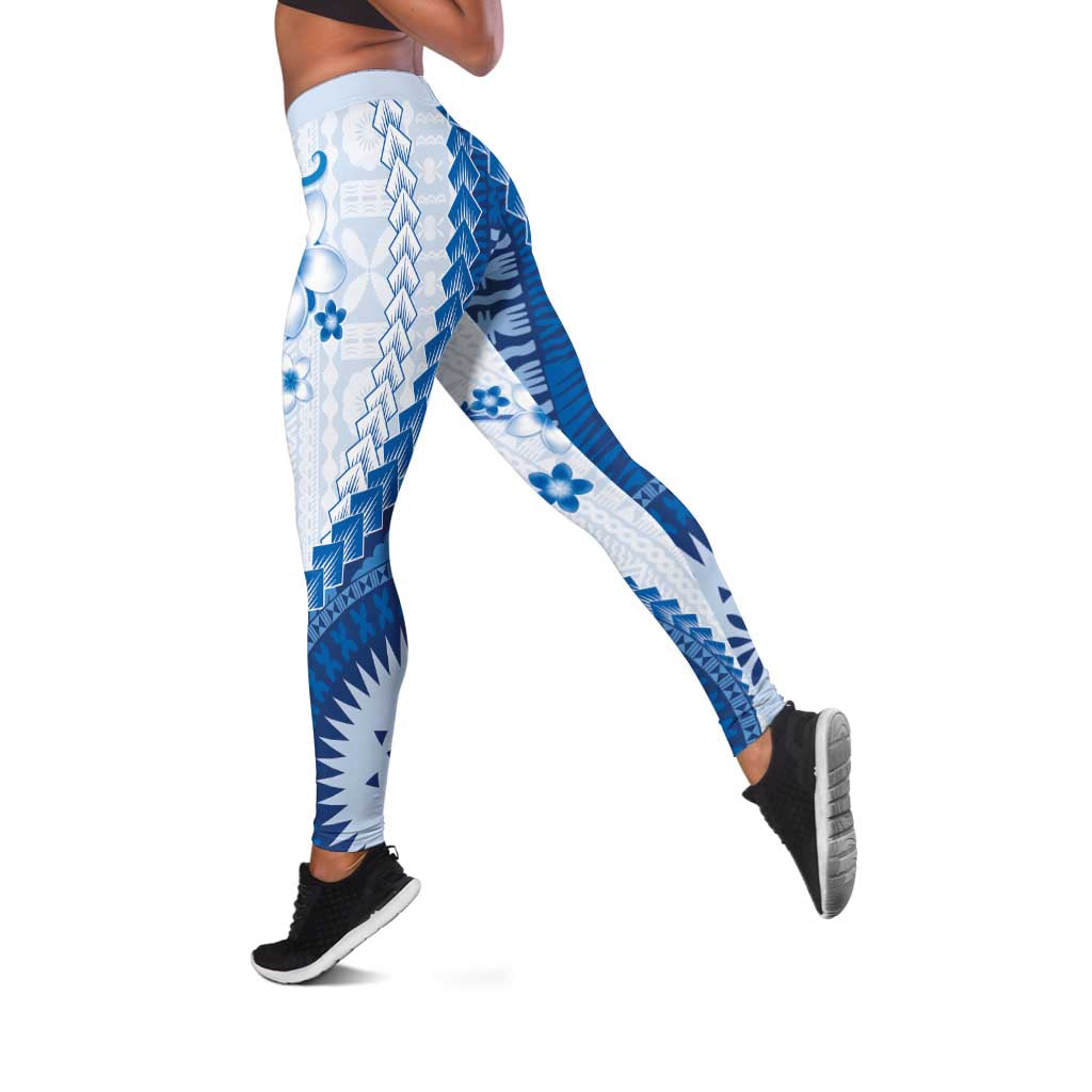 Bula Fiji Leggings Blue Plumeria Masi Tapa Pattern - Polynesian Pride