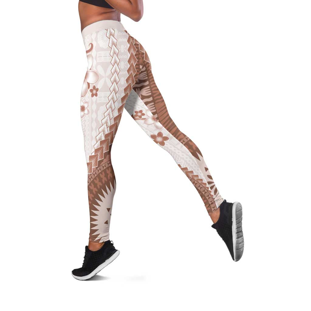 Bula Fiji Leggings Brown Plumeria Masi Tapa Pattern - Polynesian Pride