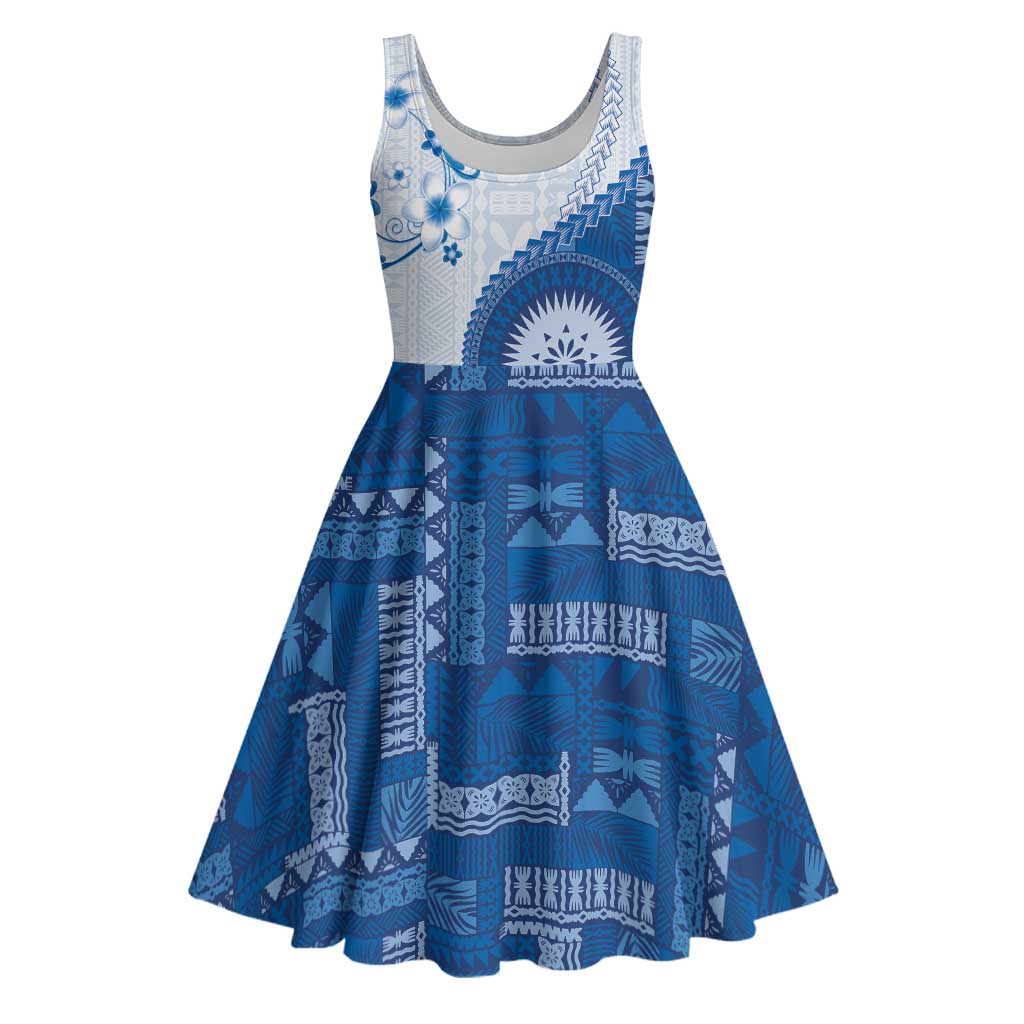 Bula Fiji Midi Dress Blue Plumeria Masi Tapa Pattern - Polynesian Pride