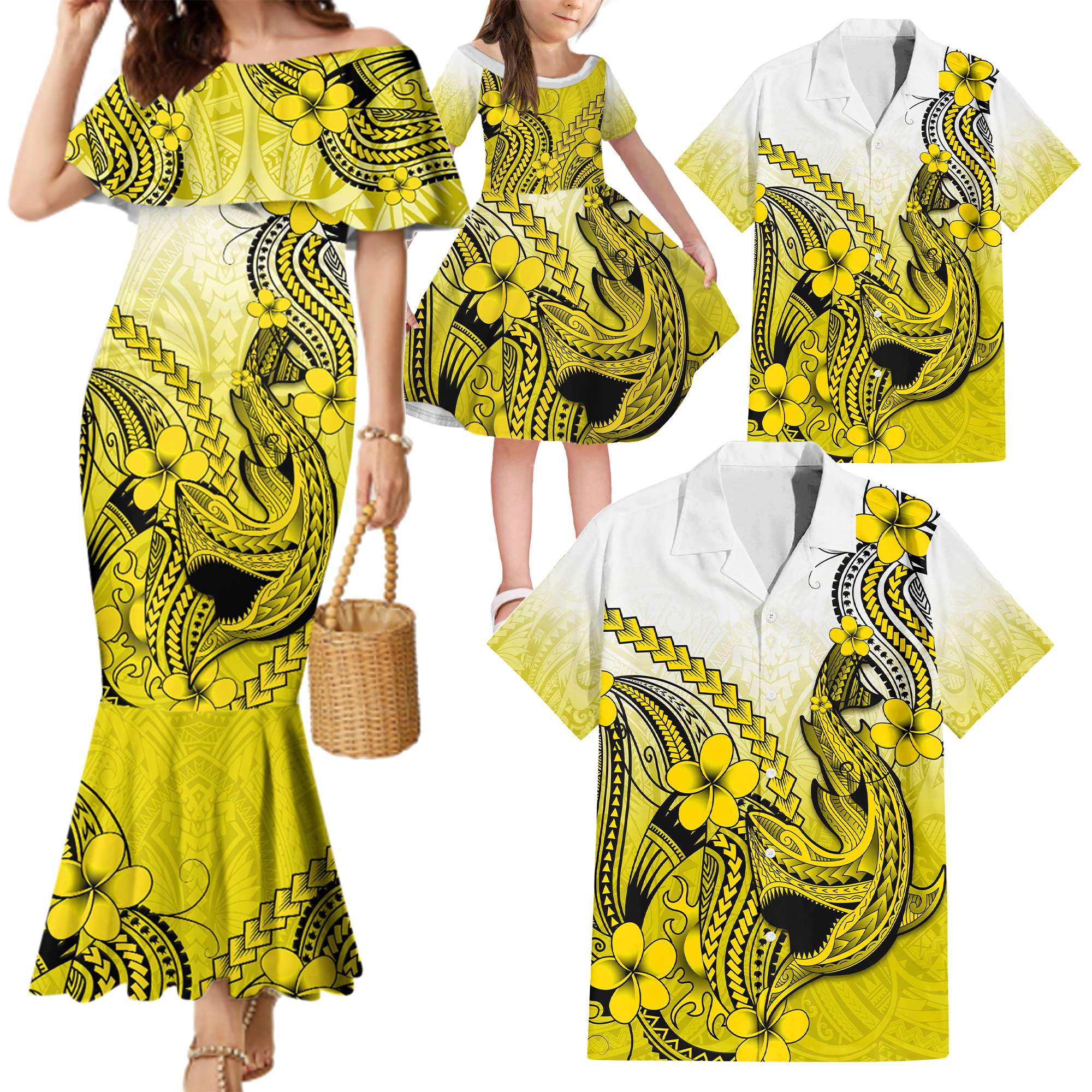 Yellow Hawaii Family Matching Outfits Mermaid Dress And Hawaiian Shirt Polynesian Shark Tattoo LT14 - Polynesian Pride
