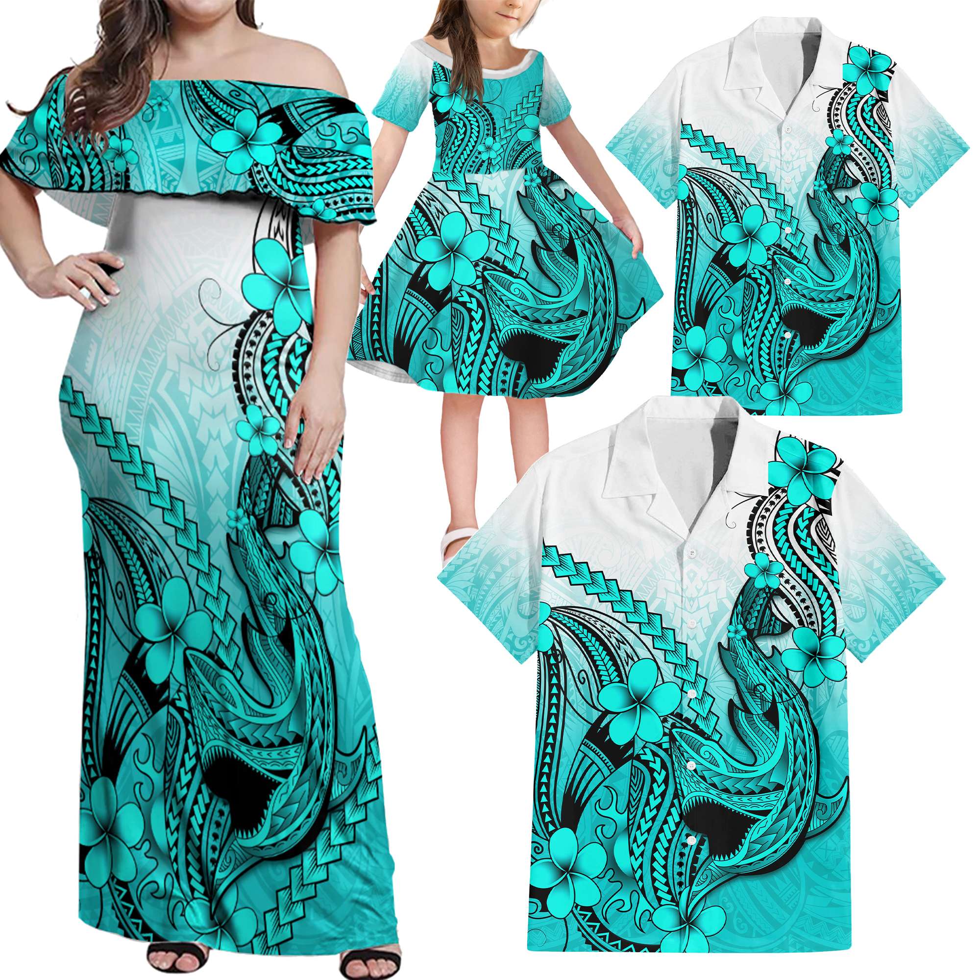 Turquoise Hawaii Family Matching Outfits Off Shoulder Maxi Dress And Hawaiian Shirt Polynesian Shark Tattoo LT14 - Polynesian Pride