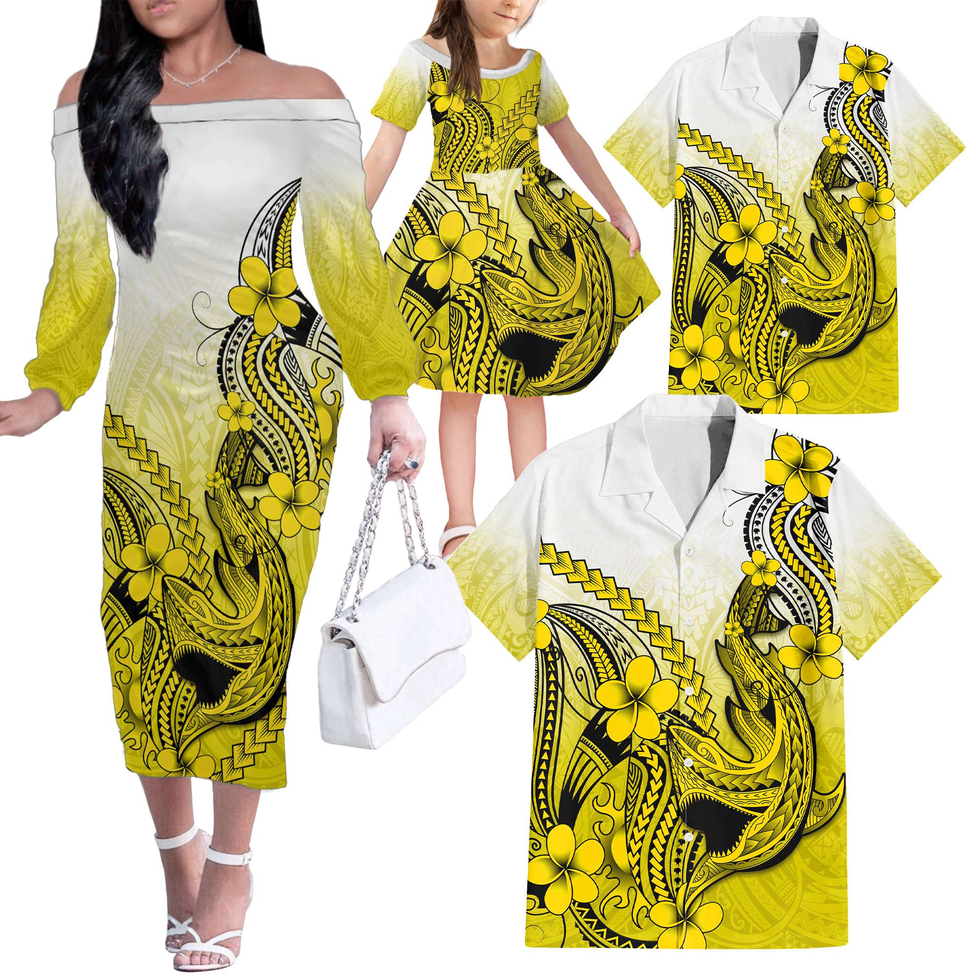 Yellow Hawaii Family Matching Outfits Off Shoulder Long Sleeve Dress And Hawaiian Shirt Polynesian Shark Tattoo LT14 - Polynesian Pride