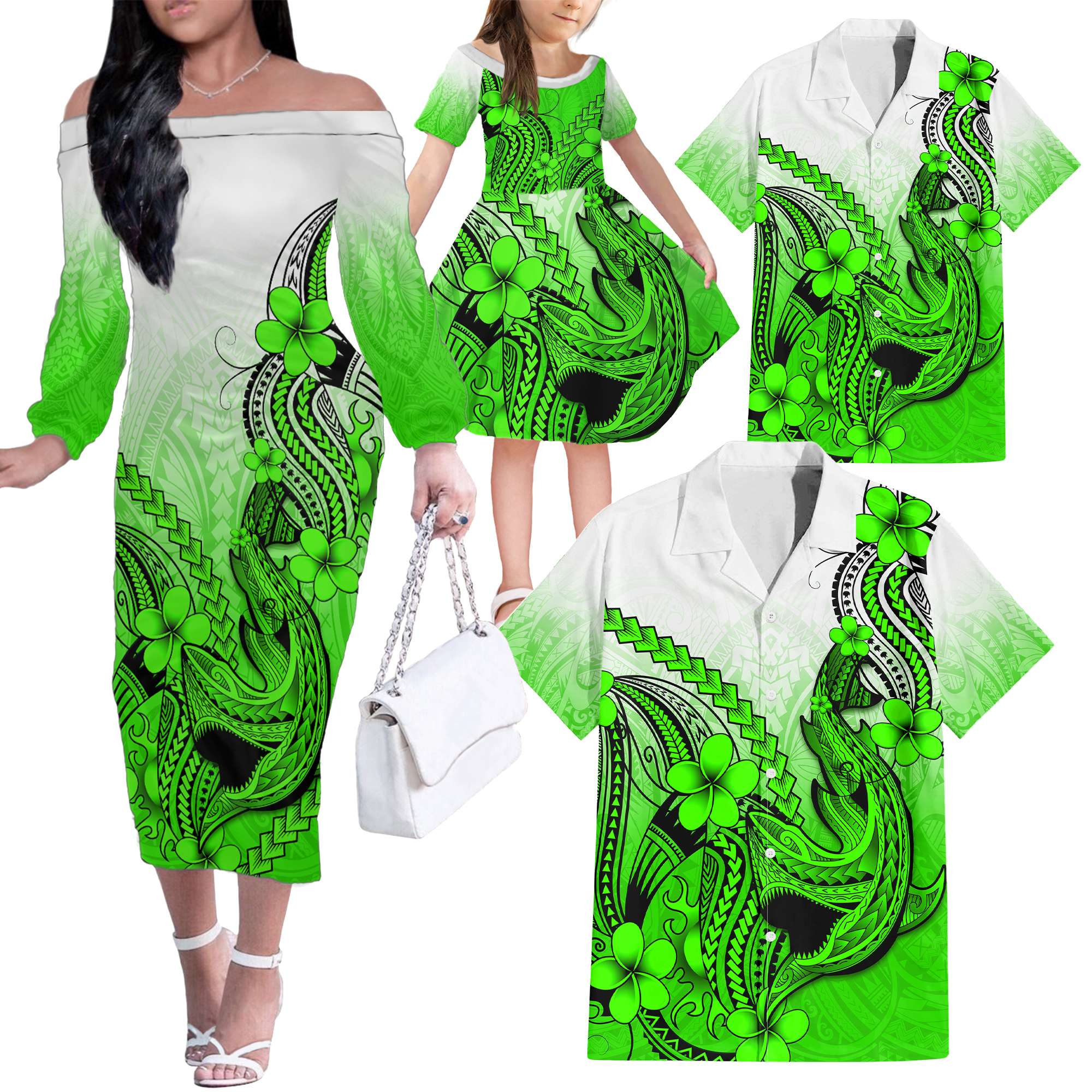 Green Hawaii Family Matching Outfits Off Shoulder Long Sleeve Dress And Hawaiian Shirt Polynesian Shark Tattoo LT14 - Polynesian Pride