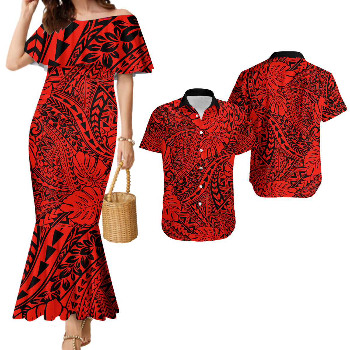 Hawaii Couples Matching Mermaid Dress and Hawaiian Shirt Red Polynesian Tribal Art LT14 Red - Polynesian Pride