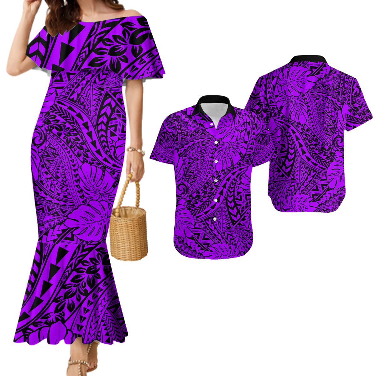 Hawaii Couples Matching Mermaid Dress and Hawaiian Shirt Purple Polynesian Tribal Art LT14 Purple - Polynesian Pride