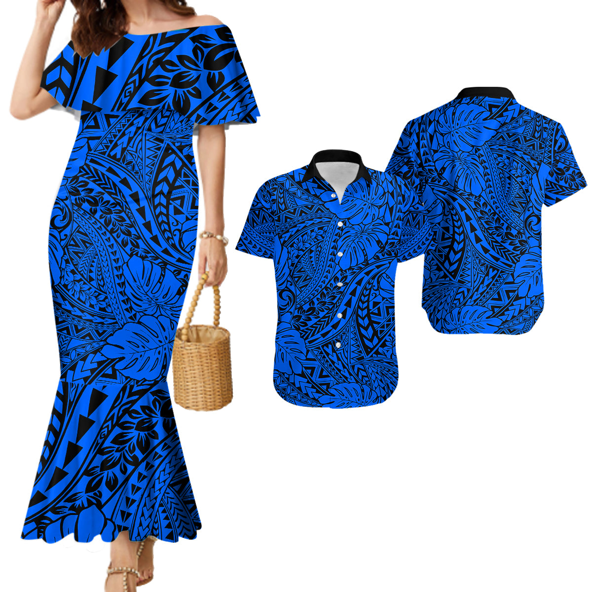 Hawaii Couples Matching Mermaid Dress and Hawaiian Shirt Blue Polynesian Tribal Art LT14 Blue - Polynesian Pride