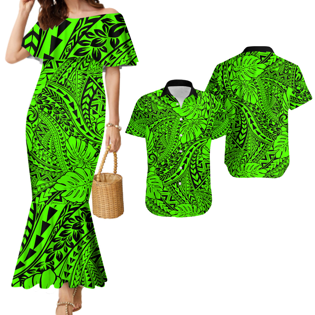 Hawaii Couples Matching Mermaid Dress and Hawaiian Shirt Green Polynesian Tribal Art LT14 Green - Polynesian Pride