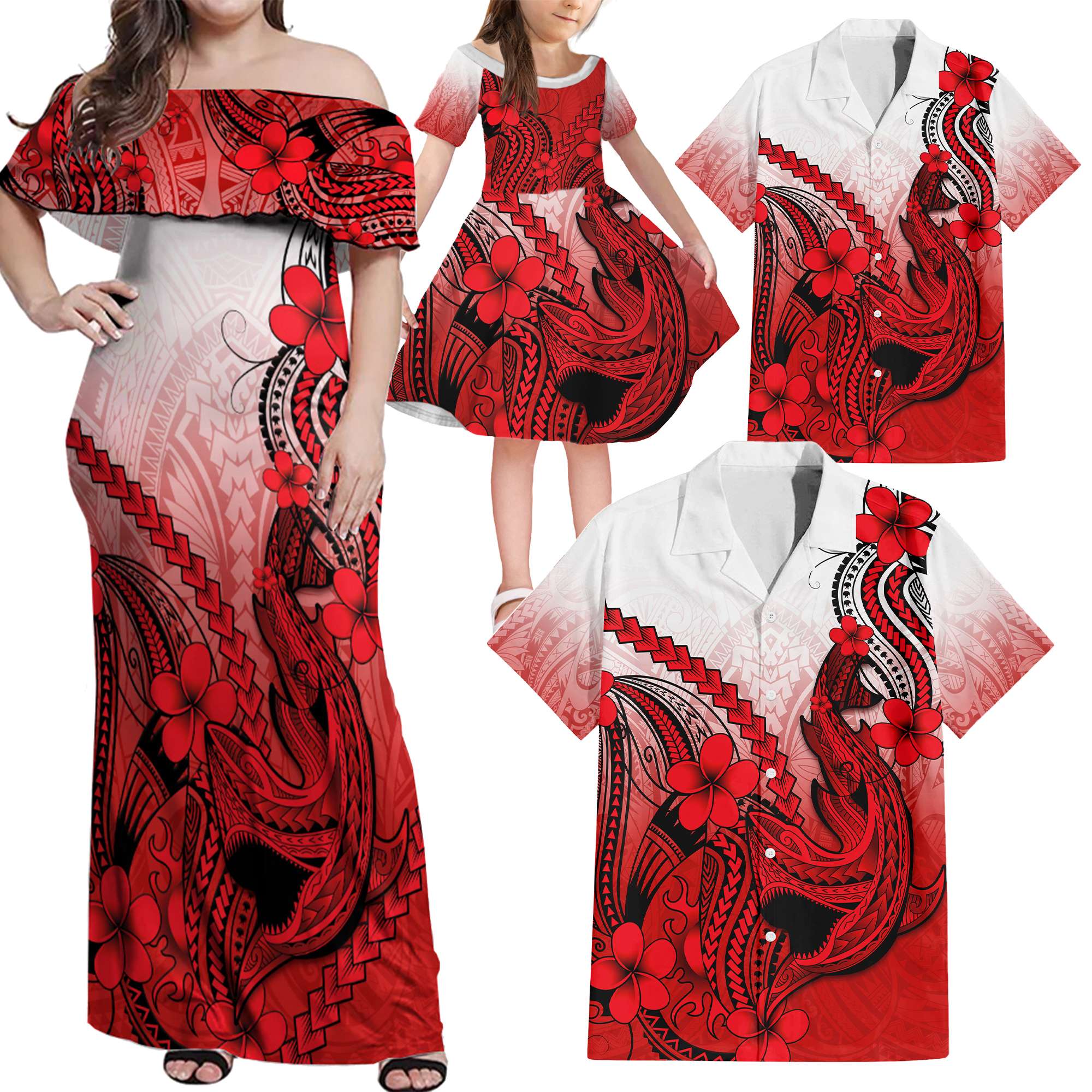 Red Pink Hawaii Family Matching Outfits Off Shoulder Maxi Dress And Hawaiian Shirt Polynesian Shark Tattoo LT14 - Polynesian Pride