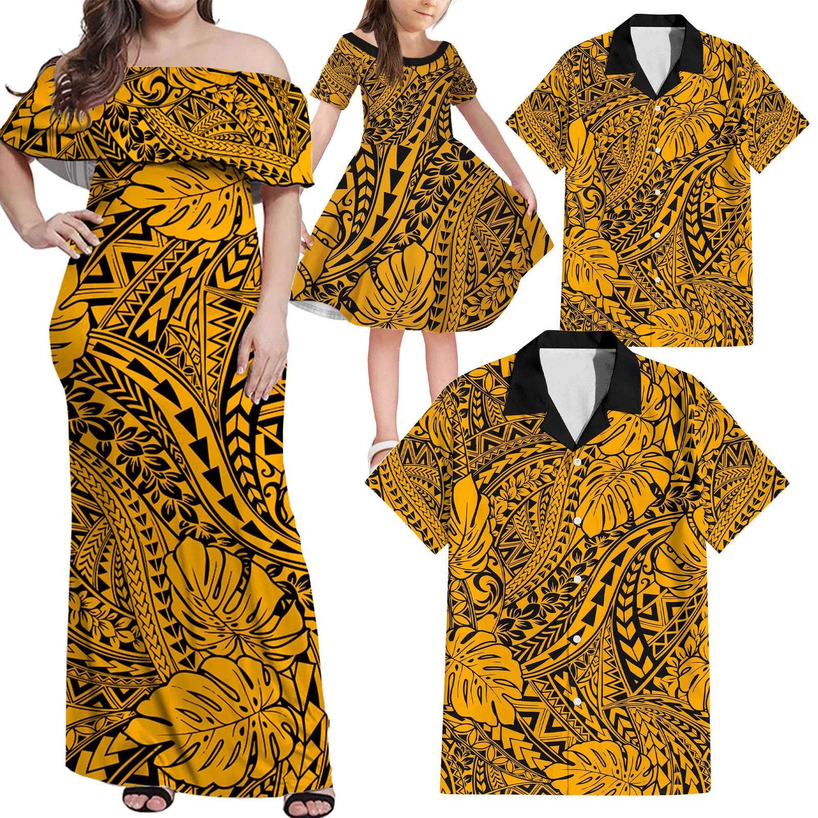 Gold Hawaii Family Matching Off Shoulder Maxi Dress And Hawaiian Shirt Tribal Art LT14 - Polynesian Pride