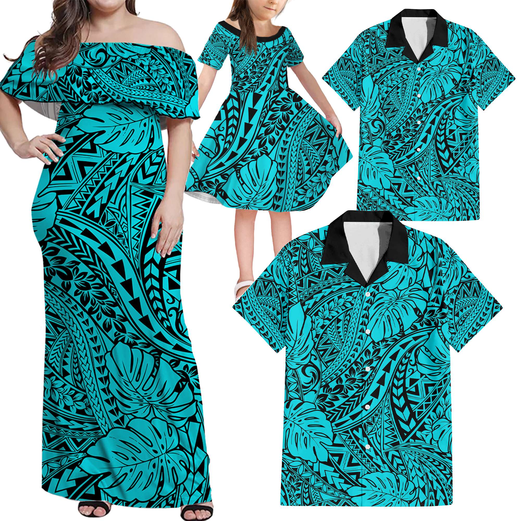 Turquoise Hawaii Family Matching Off Shoulder Maxi Dress And Hawaiian Shirt Tribal Art LT14 - Polynesian Pride