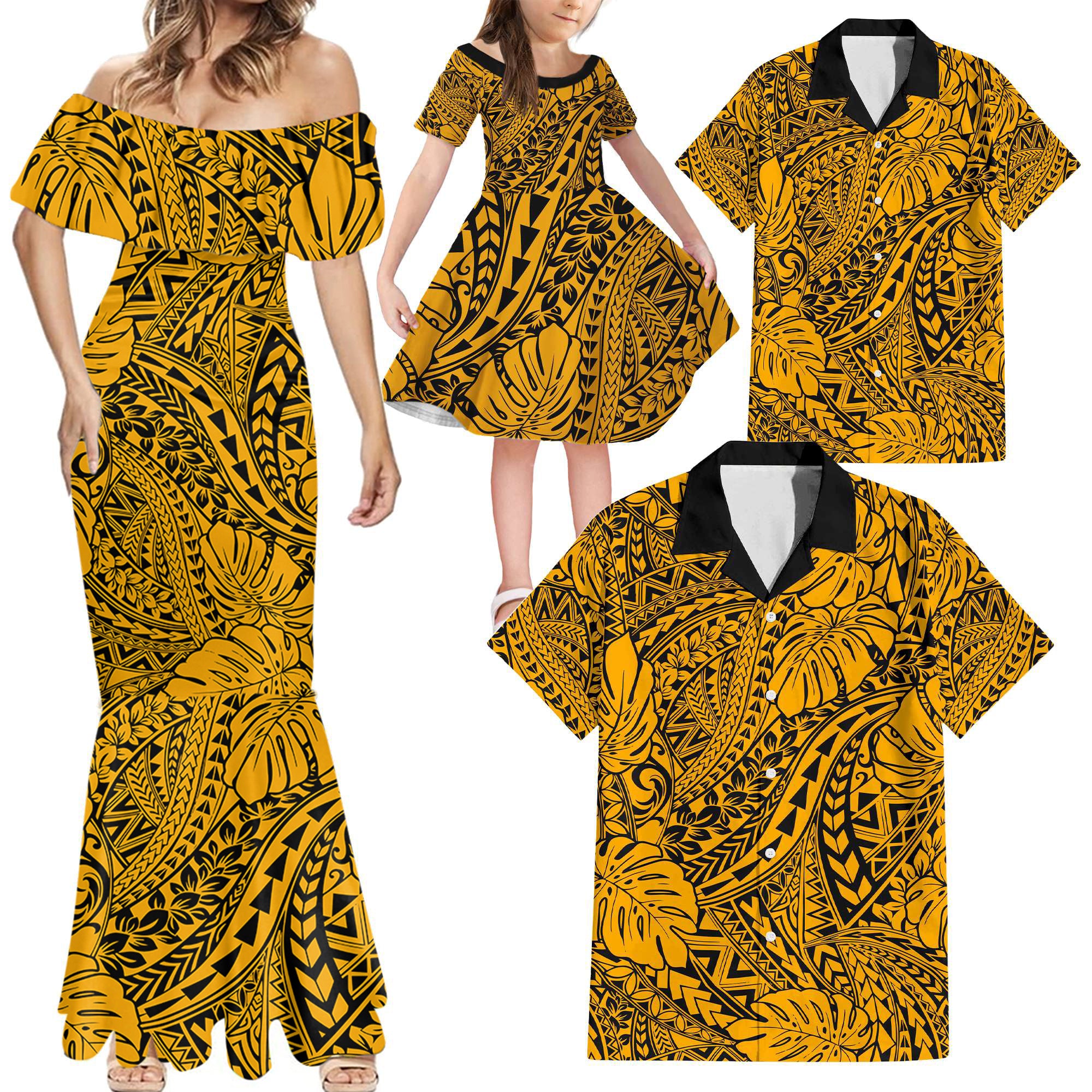 Gold Hawaii Family Matching Mermaid Dress And Hawaiian Shirt Tribal Art LT14 - Polynesian Pride