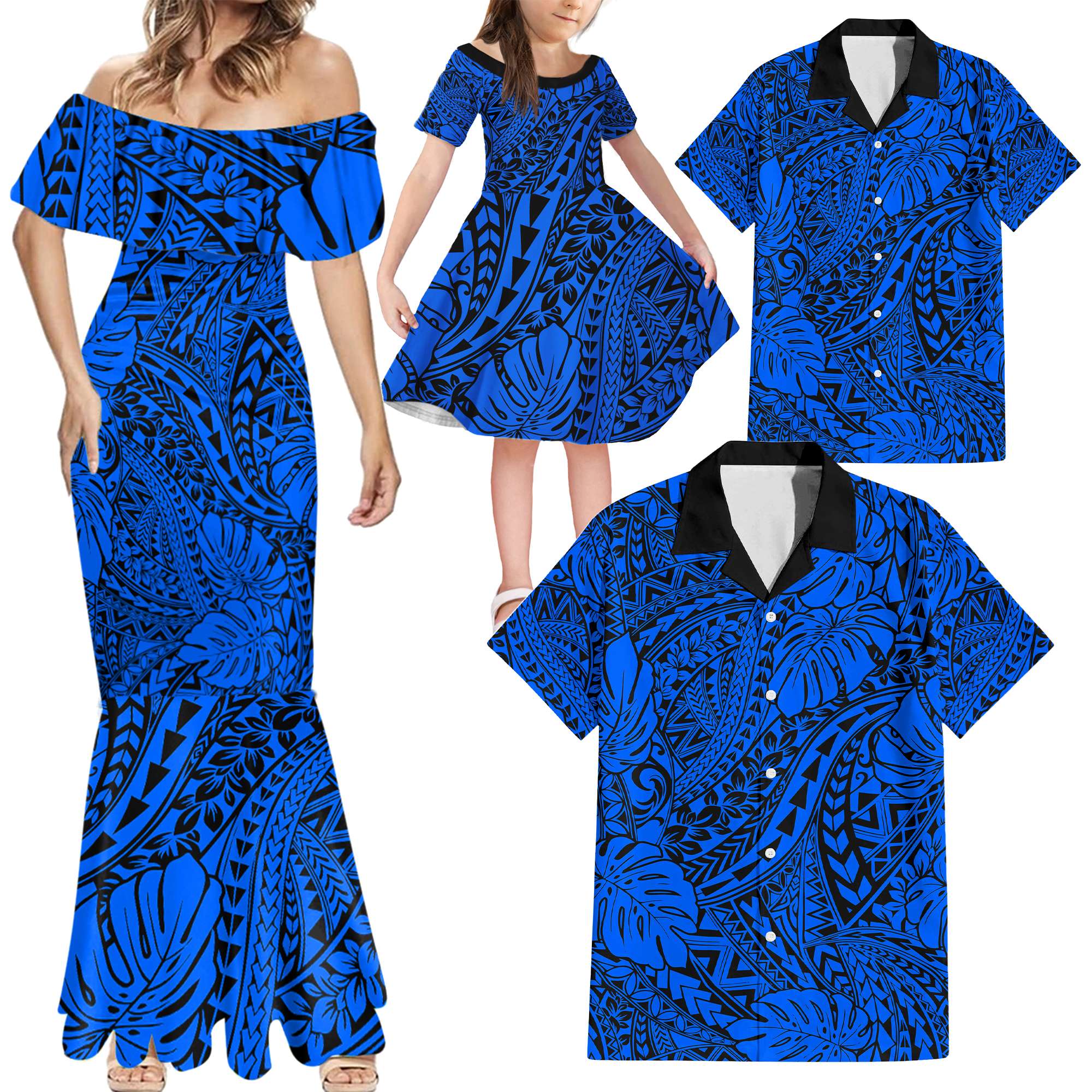 Blue Hawaii Family Matching Mermaid Dress And Hawaiian Shirt Tribal Art LT14 - Polynesian Pride