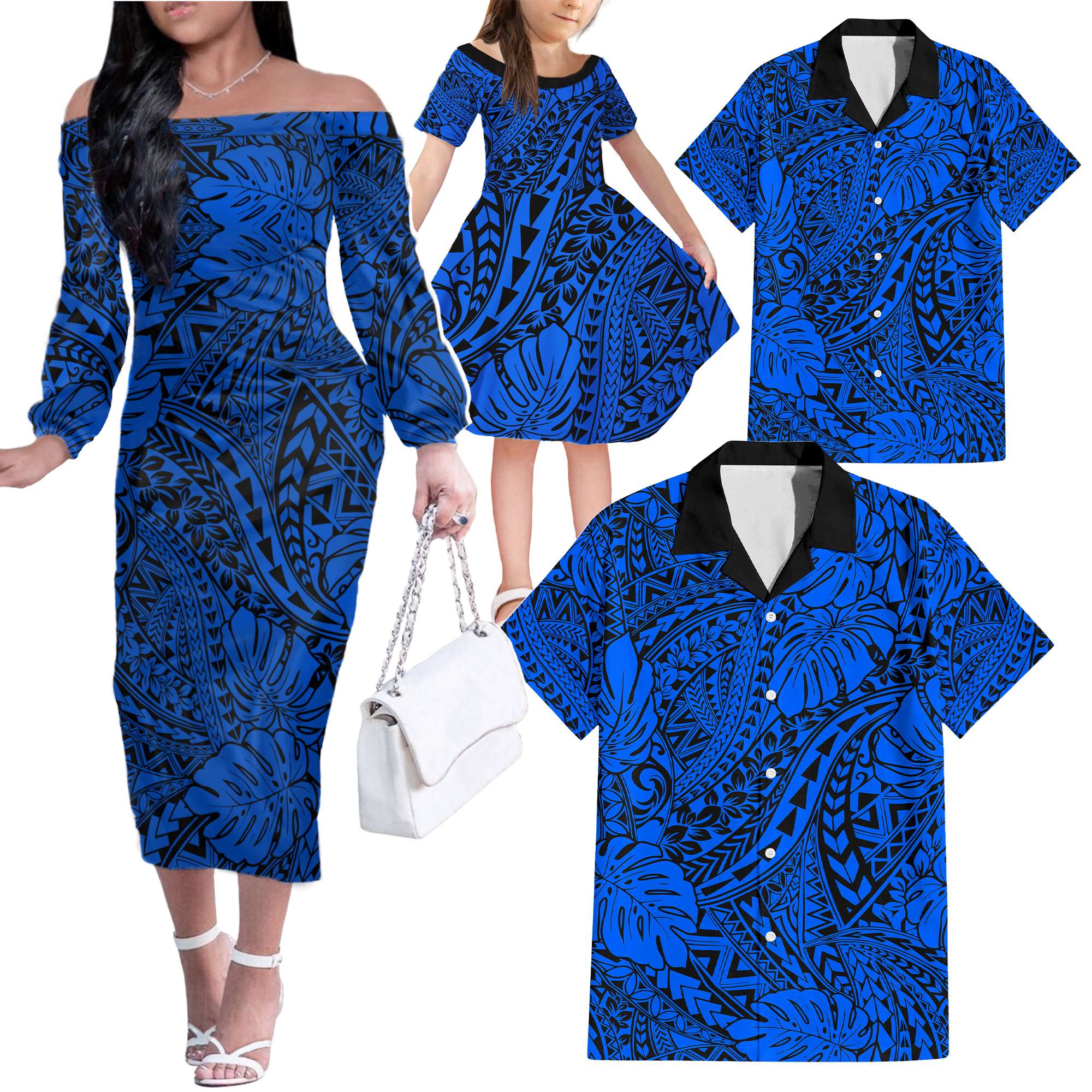 Blue Hawaii Family Matching Off Shoulder Long Sleeve Dress And Hawaiian Shirt Tribal Art LT14 - Polynesian Pride