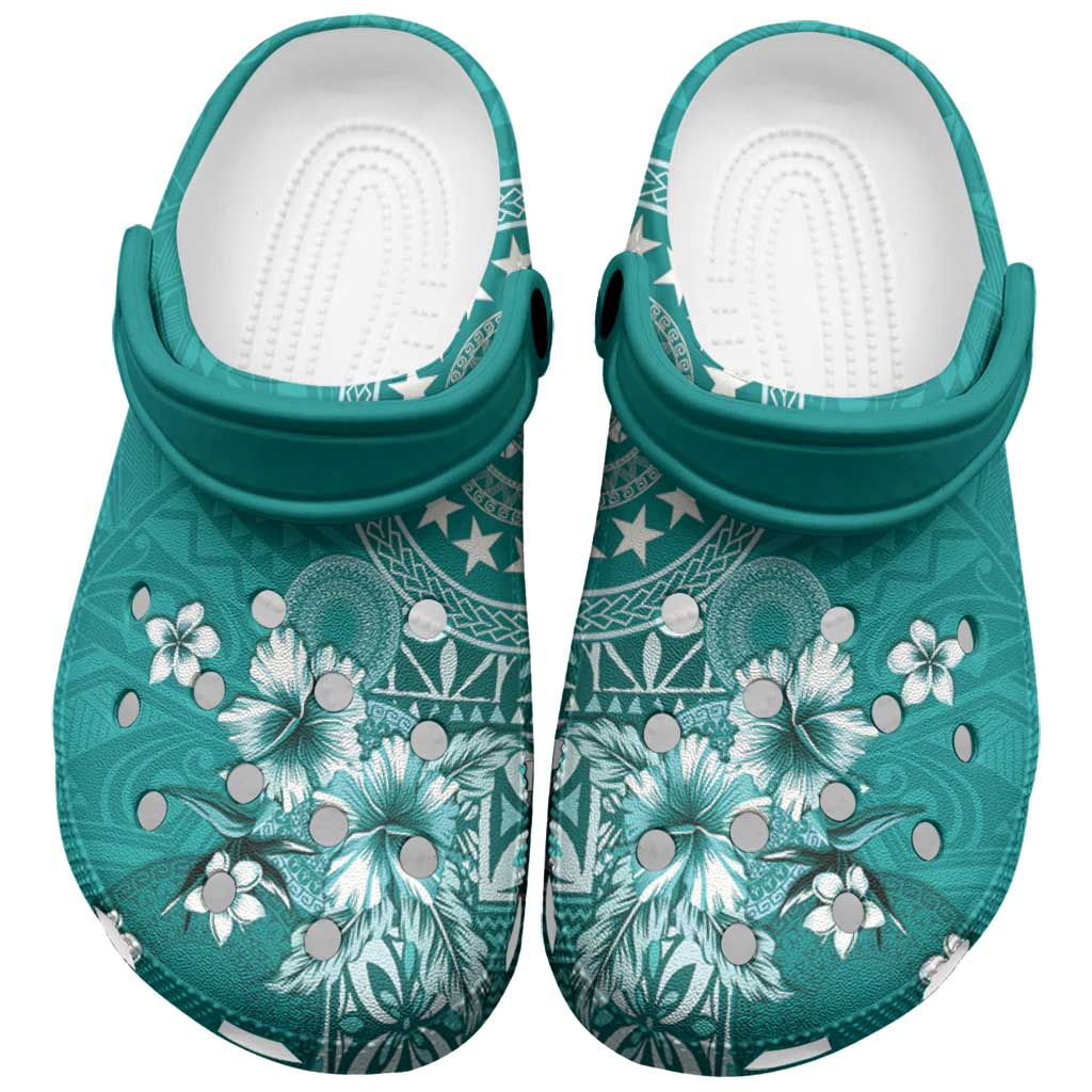 Cook Islands Clogs Shoes Teal Hibiscus And Stars LT05 Teal - Polynesian Pride