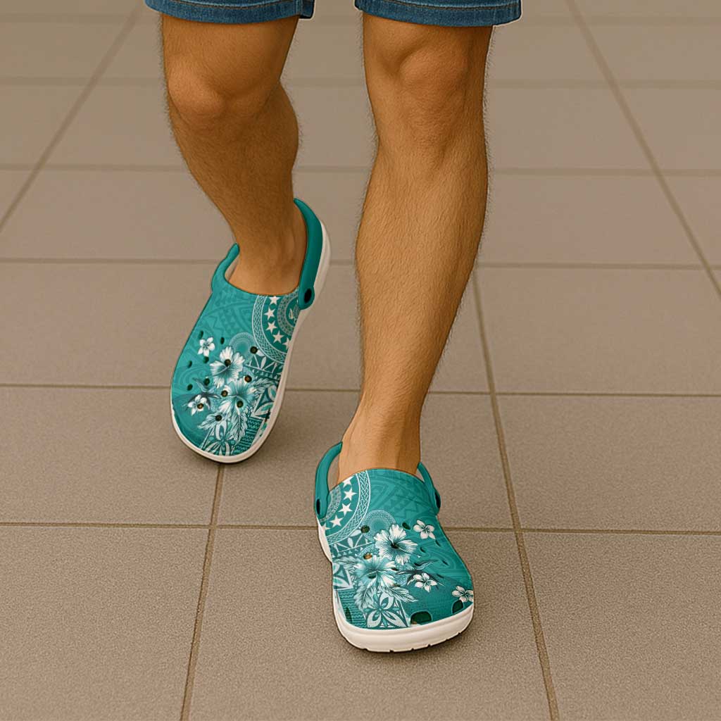Cook Islands Clogs Shoes Teal Hibiscus And Stars LT05 - Polynesian Pride