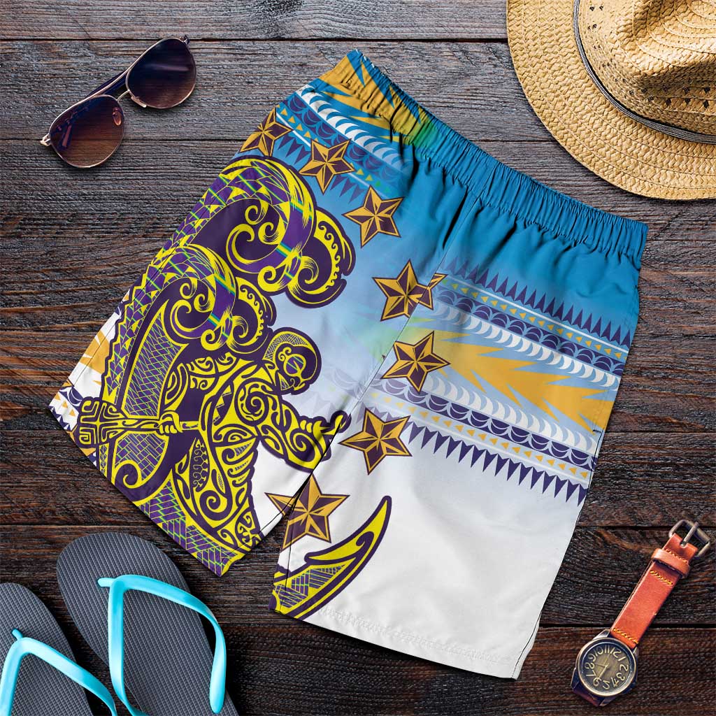 Cook Islands Va'a Race Shorts for Men Te Tatau Tattoos Sporty Style Glory Blue Color - Polynesian Pride