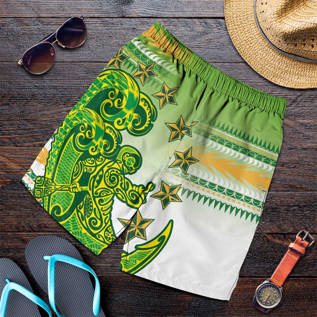 Cook Islands Va'a Race Shorts for Men Te Tatau Tattoos Sporty Style Green-White Color - Polynesian Pride