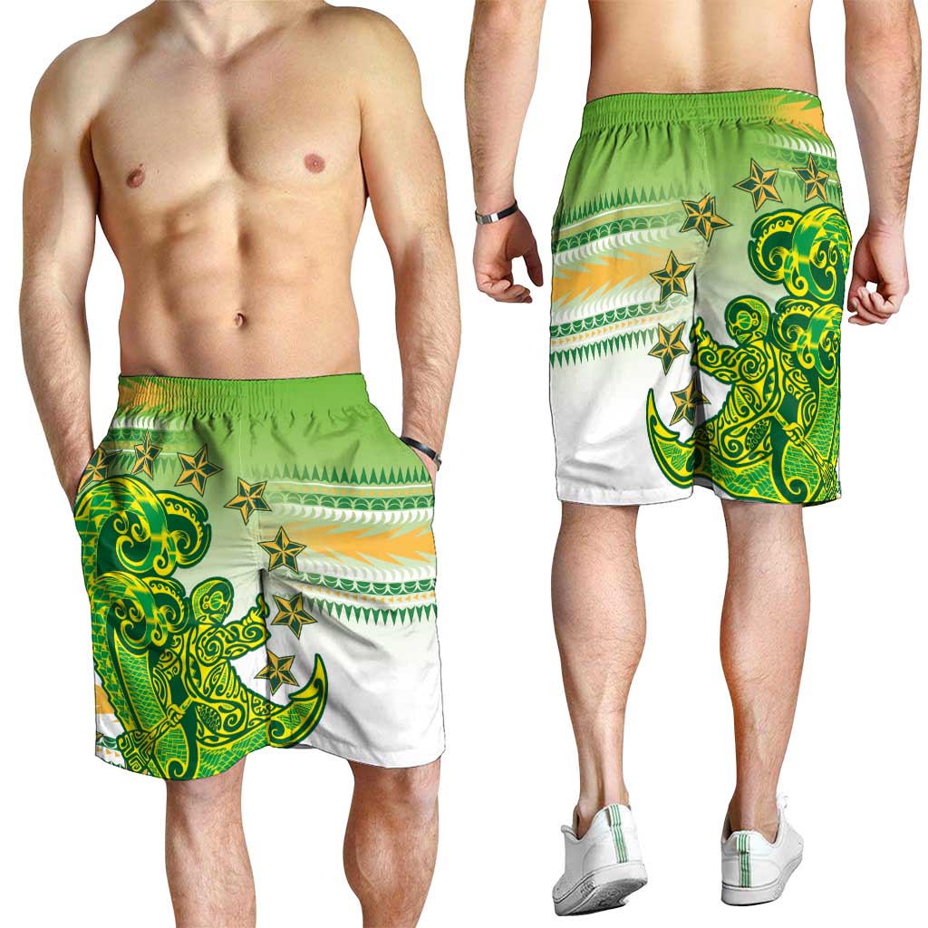 Cook Islands Va'a Race Shorts for Men Te Tatau Tattoos Sporty Style Green-White Color - Polynesian Pride