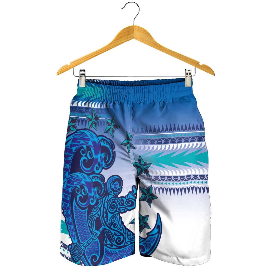 Cook Islands Va'a Race Shorts for Men Te Tatau Tattoos Sporty Style Light Blue Color - Polynesian Pride