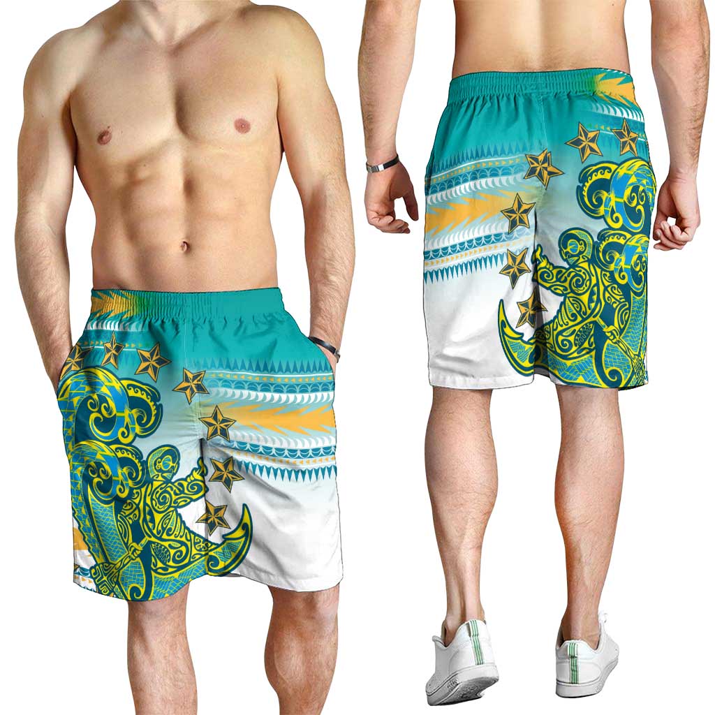 Cook Islands Va'a Race Shorts for Men Te Tatau Tattoos Sporty Style Turquoise Color - Polynesian Pride