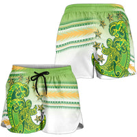 Cook Islands Va'a Race Shorts for Women Te Tatau Tattoos Sporty Style Green-White Color - Polynesian Pride