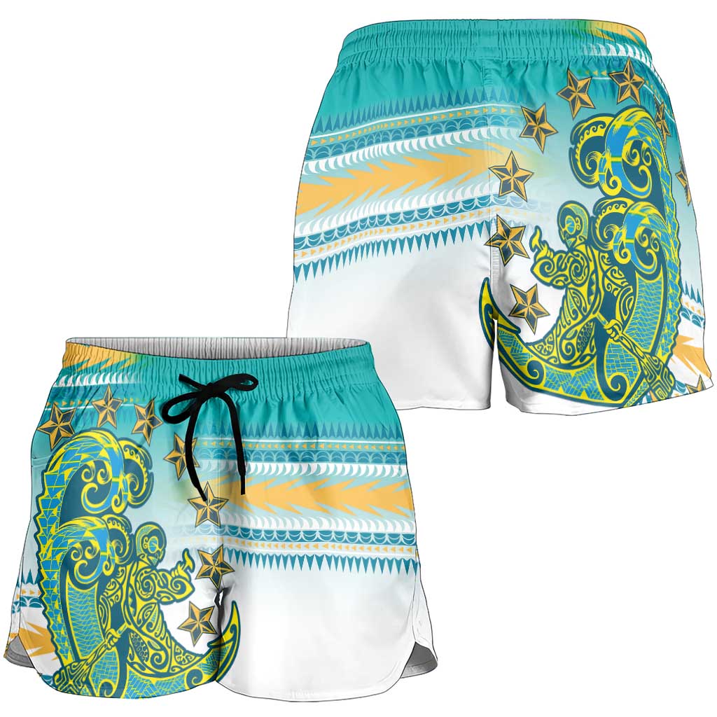 Cook Islands Va'a Race Shorts for Women Te Tatau Tattoos Sporty Style Turquoise Color - Polynesian Pride