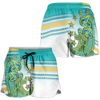 Cook Islands Va'a Race Shorts for Women Te Tatau Tattoos Sporty Style Turquoise Color - Polynesian Pride