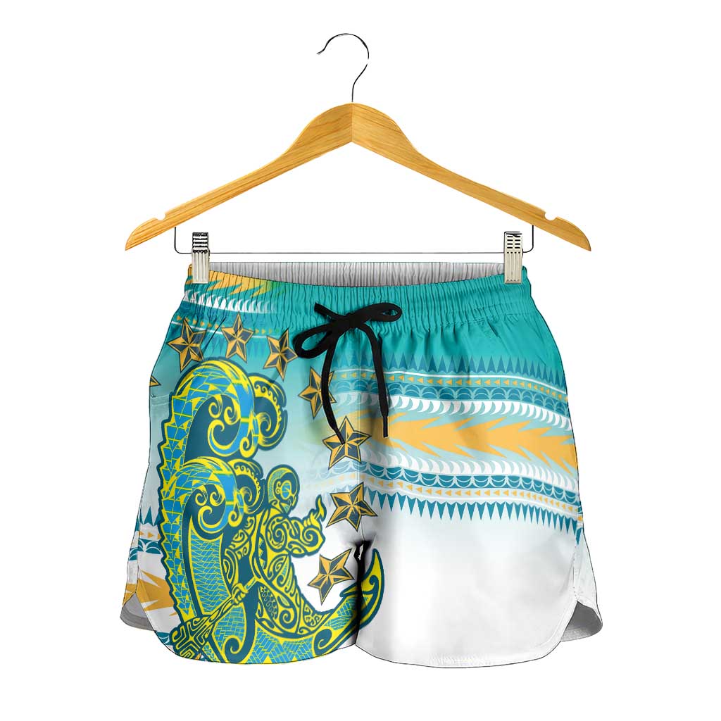 Cook Islands Va'a Race Shorts for Women Te Tatau Tattoos Sporty Style Turquoise Color - Polynesian Pride