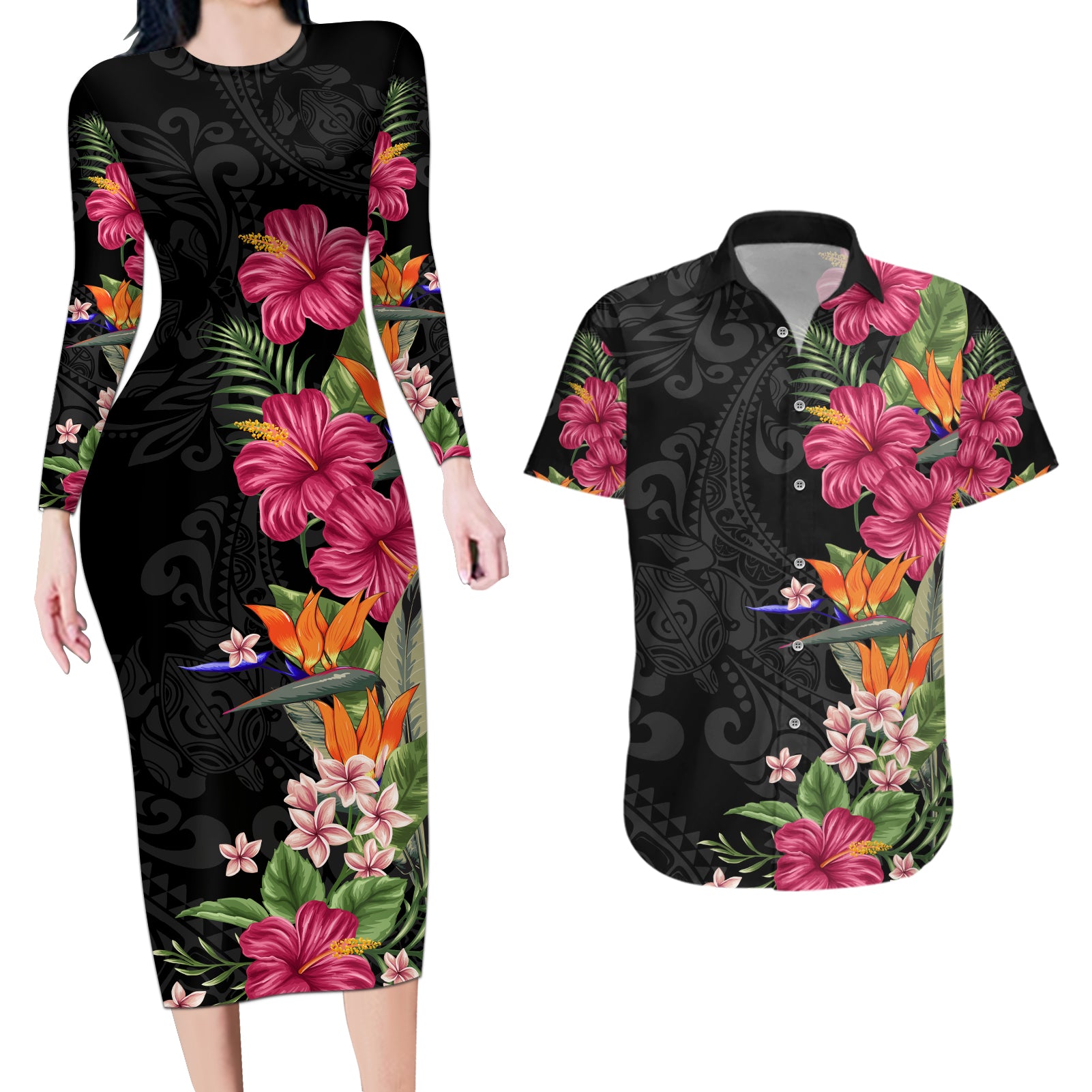 Hawaii Flowers Tribal Pattern Couple Long Sleeve Bodycon Dress and Hawaiian Shirt LT9 - Polynesian Pride