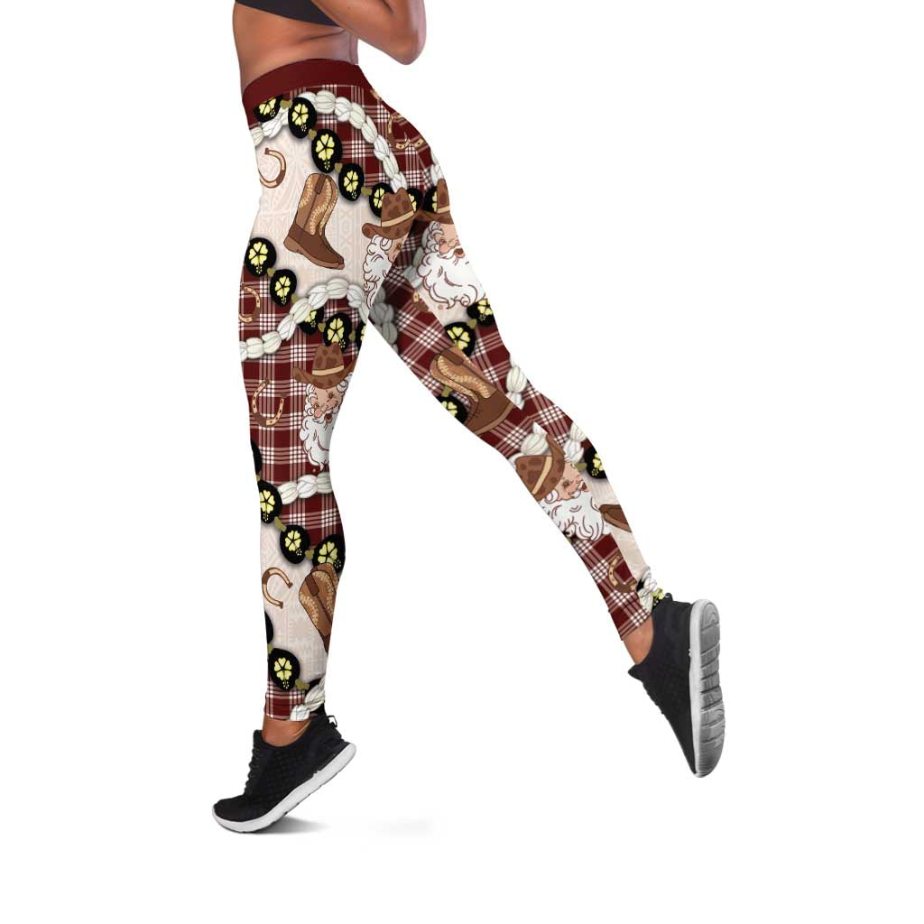 Cowboy Hawaii Mele Kalikimaka Leggings Paniolo Kukui Nut Pikake Lei Burgundy Version LT14 Burgundy - Polynesian Pride