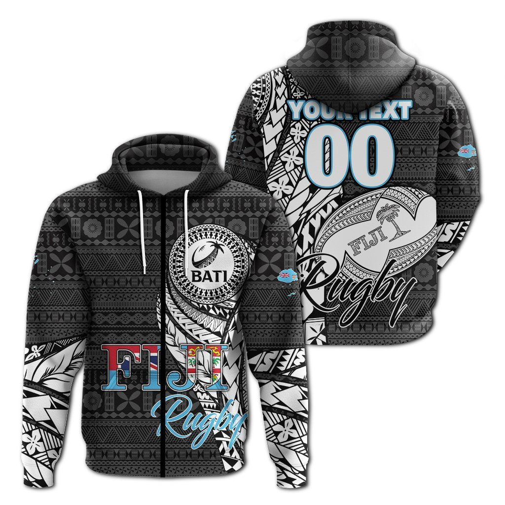 Custom Fiji Rugby Bati Tapa Pattern Hoodie LT2 Zip Hoodie BLACK - Polynesian Pride