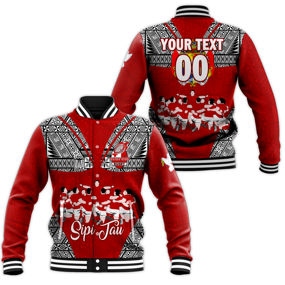 (Custom Personalised) Tonga Rugby Ikale Tahi Sipi Tau Baseball Jacket - LT2 Unisex RED - Polynesian Pride