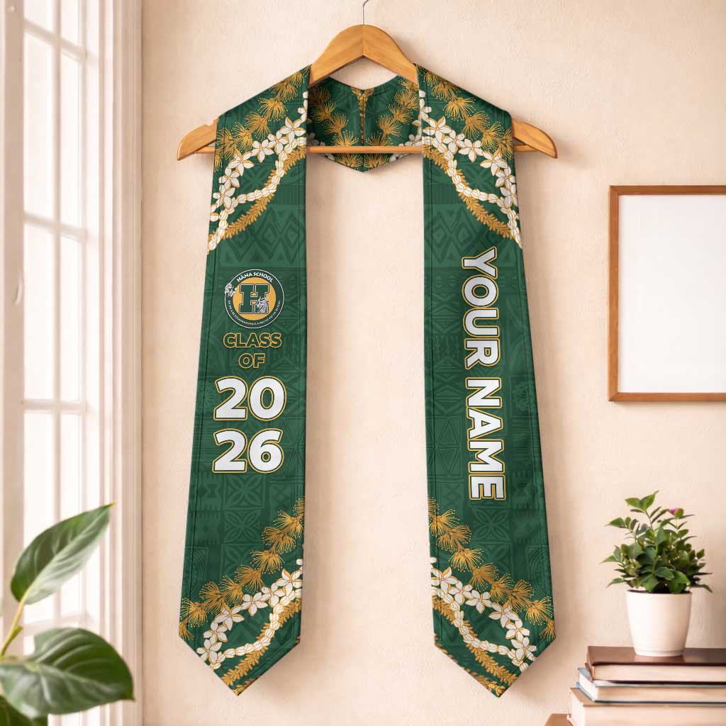 Custom Hana High And Elementary School Graduation Stole Tapa Pattern With Leis LT05 One Size Green - Polynesian Pride