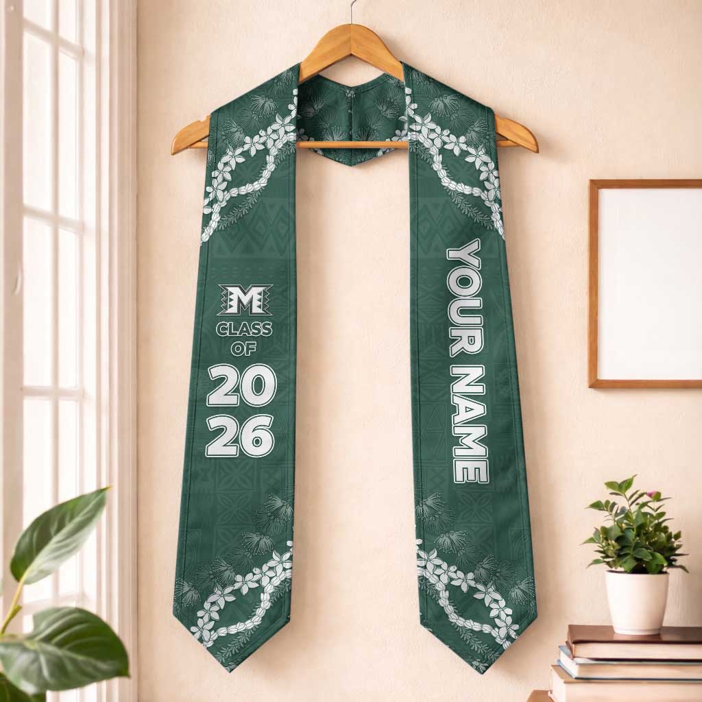Custom Hawaii Molokai High School Graduation Stole Tapa Pattern With Leis LT05 One Size Green - Polynesian Pride