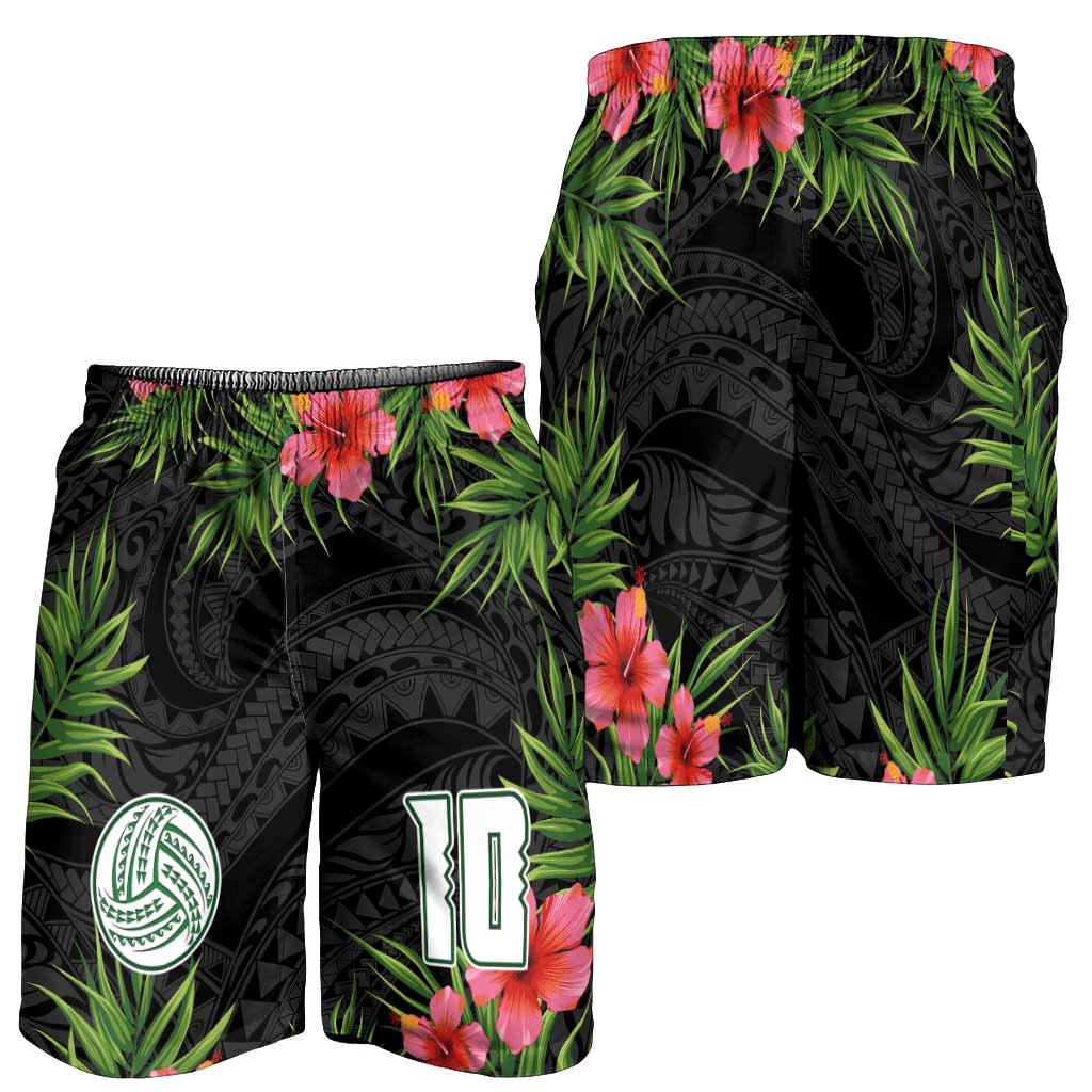 Custom Hawaii Volleyball Shorts for Men Kakau Abstract and Tropical Plants Black Color LT03 - Polynesian Pride