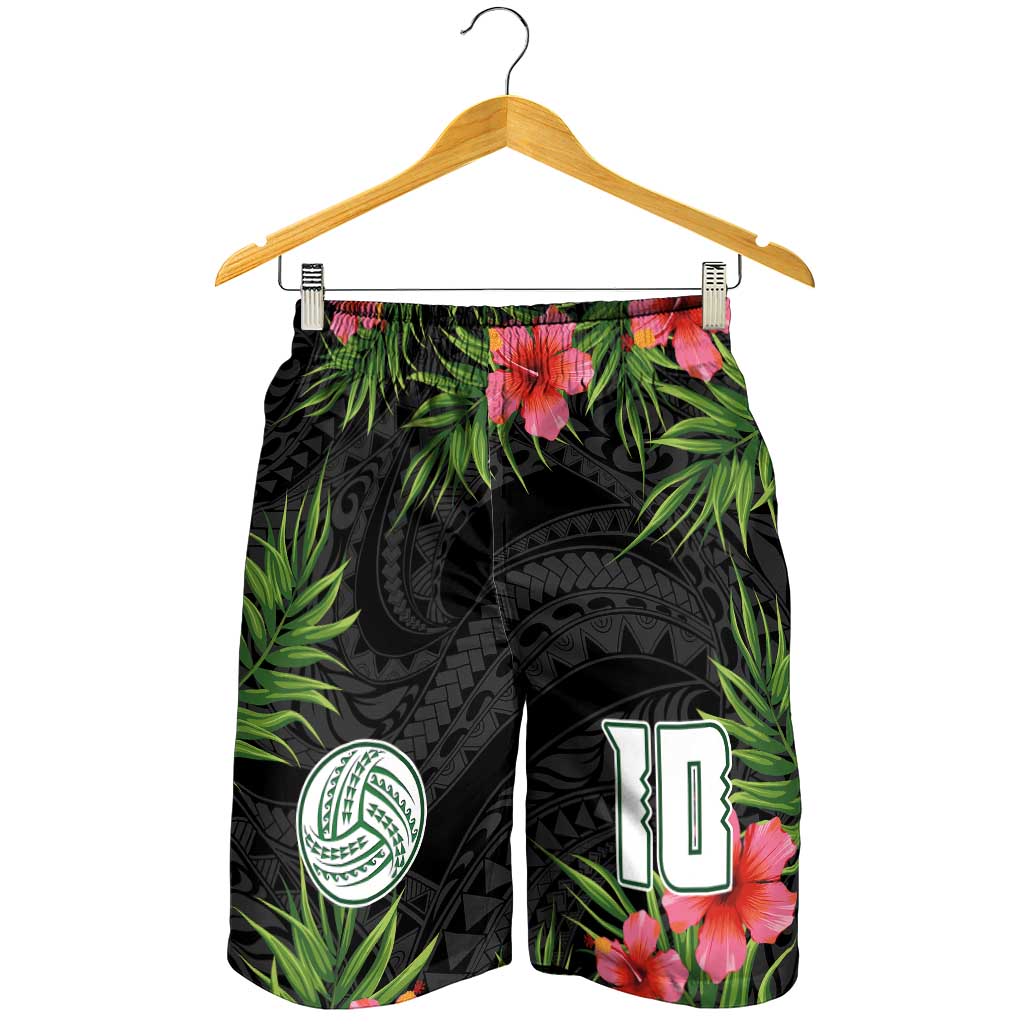 Custom Hawaii Volleyball Shorts for Men Kakau Abstract and Tropical Plants Black Color LT03 - Polynesian Pride