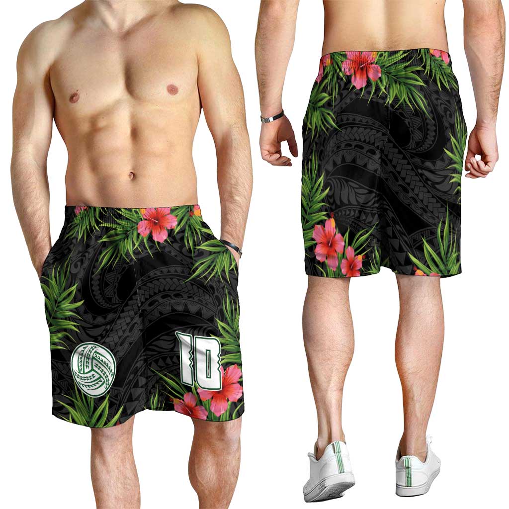 Custom Hawaii Volleyball Shorts for Men Kakau Abstract and Tropical Plants Black Color LT03 - Polynesian Pride