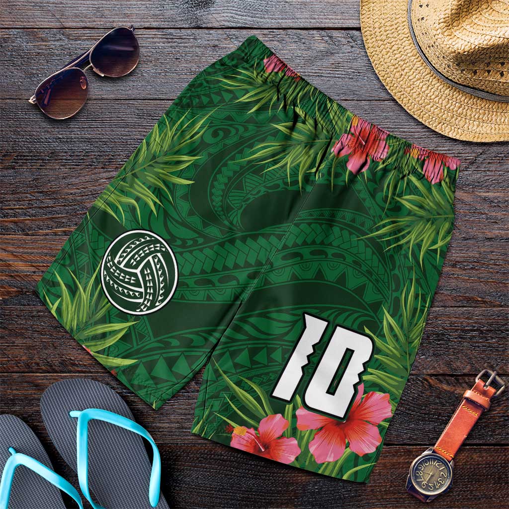 Custom Hawaii Volleyball Shorts for Men Kakau Abstract and Tropical Plants Green Color LT03 Green - Polynesian Pride