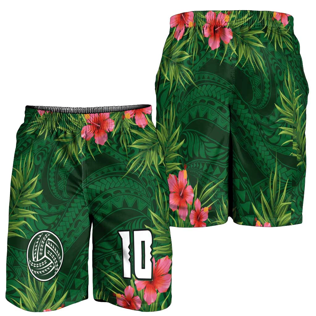 Custom Hawaii Volleyball Shorts for Men Kakau Abstract and Tropical Plants Green Color LT03 - Polynesian Pride