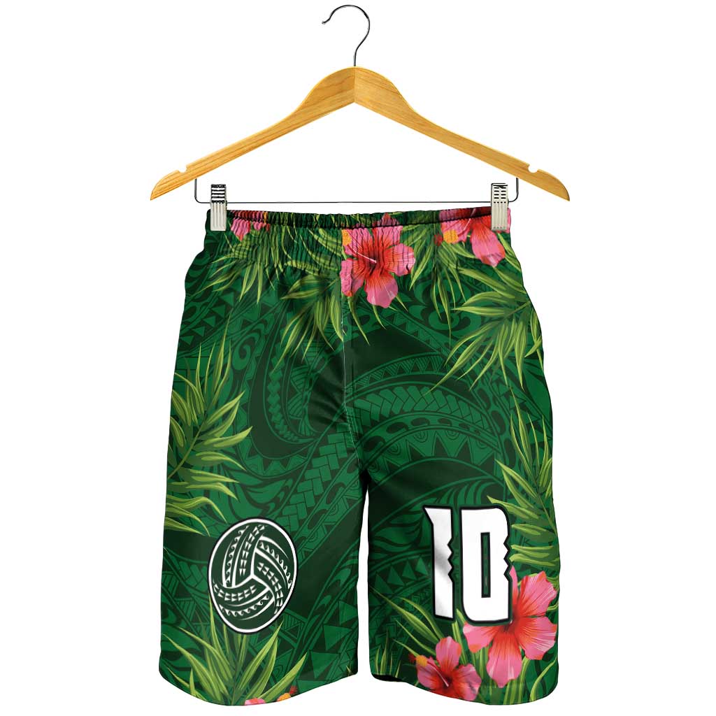 Custom Hawaii Volleyball Shorts for Men Kakau Abstract and Tropical Plants Green Color LT03 - Polynesian Pride