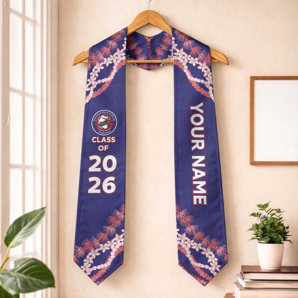 Custom Hawaii Waianae High School Graduation Stole Tapa Pattern With Leis LT05 One Size Navy - Polynesian Pride