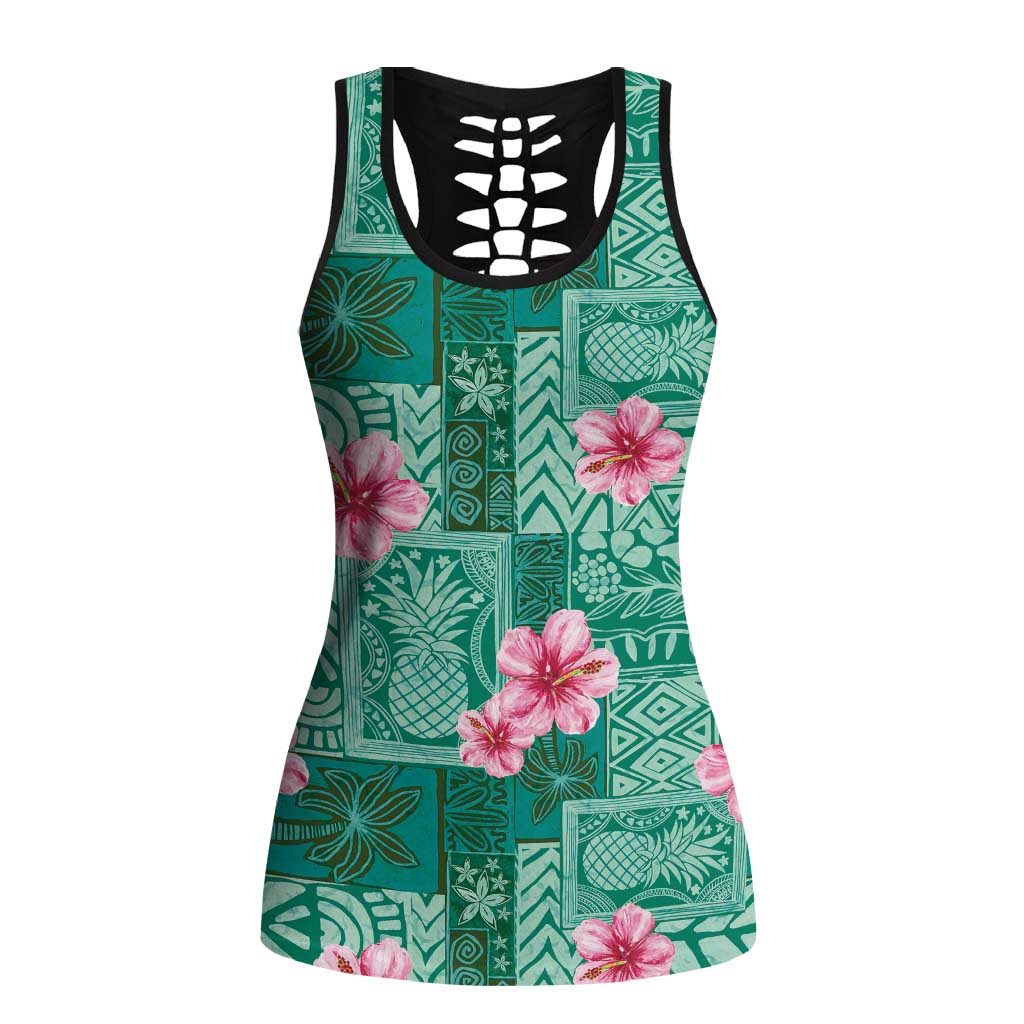 Cyan Hawaii Hibiscus Tropical Flowers Motifs Hollow Tank Top LT14 Female Cyan - Polynesian Pride