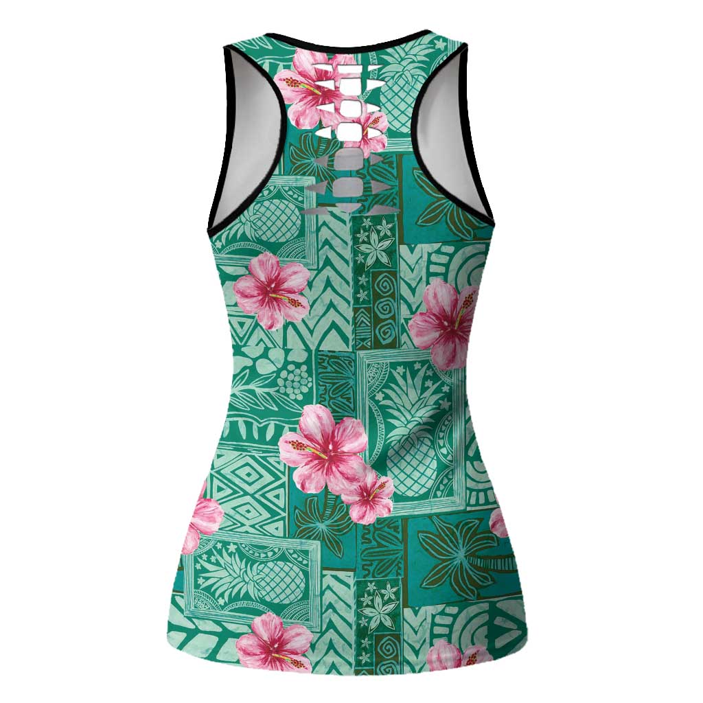 Cyan Hawaii Hibiscus Tropical Flowers Motifs Hollow Tank Top LT14 - Polynesian Pride