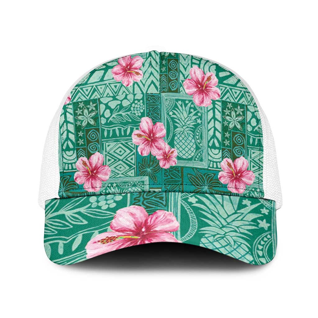 Cyan Hawaii Hibiscus With Tropical Flowers Motifs Mesh Trucker Cap - Polynesian Pride