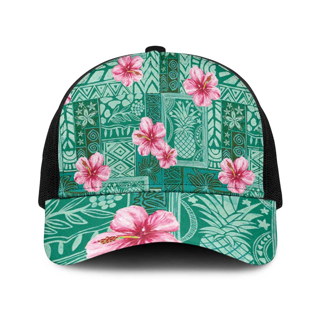 Cyan Hawaii Hibiscus With Tropical Flowers Motifs Mesh Trucker Cap - Polynesian Pride