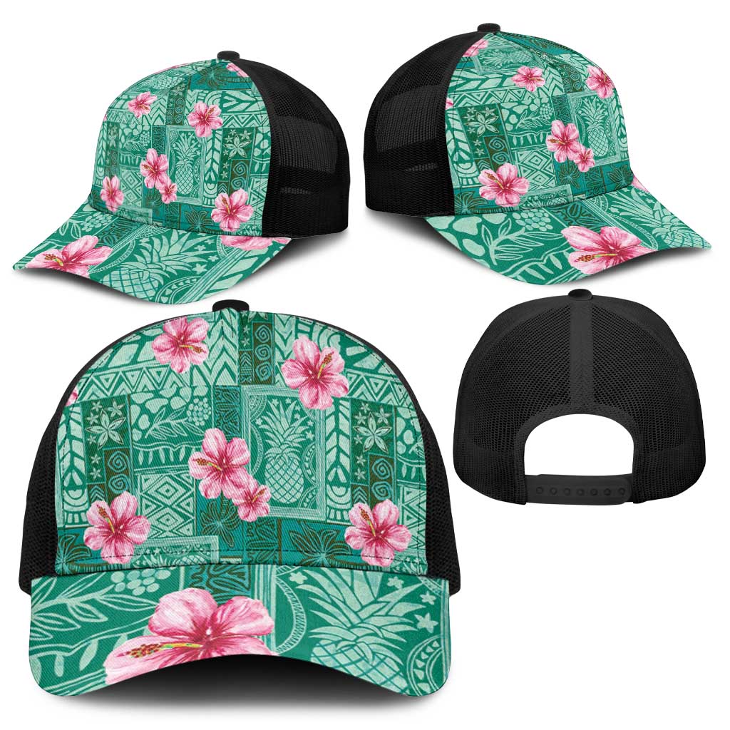 Cyan Hawaii Hibiscus With Tropical Flowers Motifs Mesh Trucker Cap - Polynesian Pride