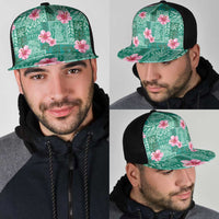 Cyan Hawaii Hibiscus With Tropical Flowers Motifs Mesh Trucker Cap - Polynesian Pride