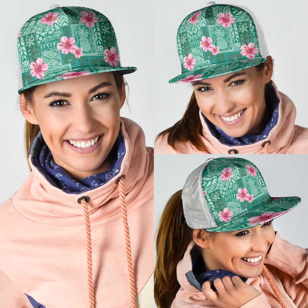 Cyan Hawaii Hibiscus With Tropical Flowers Motifs Mesh Trucker Cap - Polynesian Pride