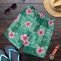 Cyan Hawaii Hibiscus With Tropical Flowers Motifs Shorts for Men LT14 Cyan - Polynesian Pride