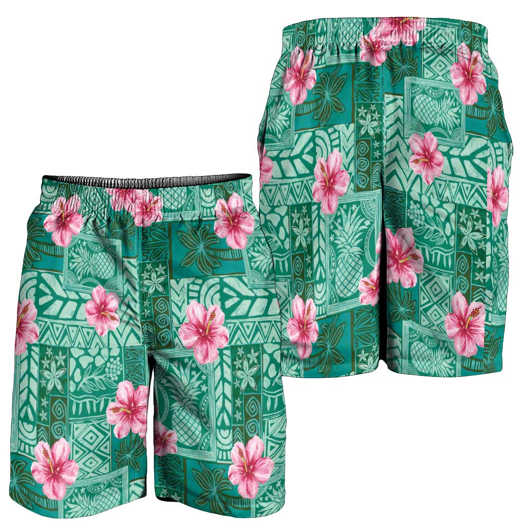 Cyan Hawaii Hibiscus With Tropical Flowers Motifs Shorts for Men LT14 - Polynesian Pride